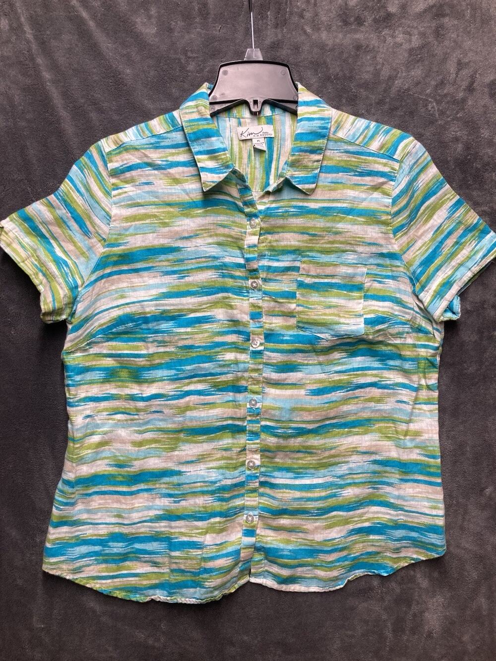 Kim Rogers 100% Linen Button Top Sz PL Coastal Euro Summer Abstract Wave Strip